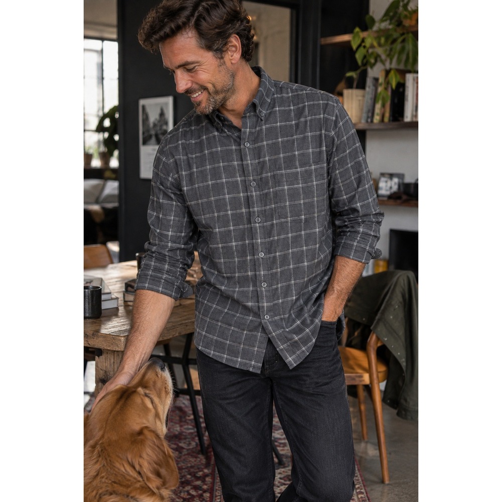 Wool & Prince 100% Wool Windowpane Flannel Button Down Shirt Gray Regular XXL